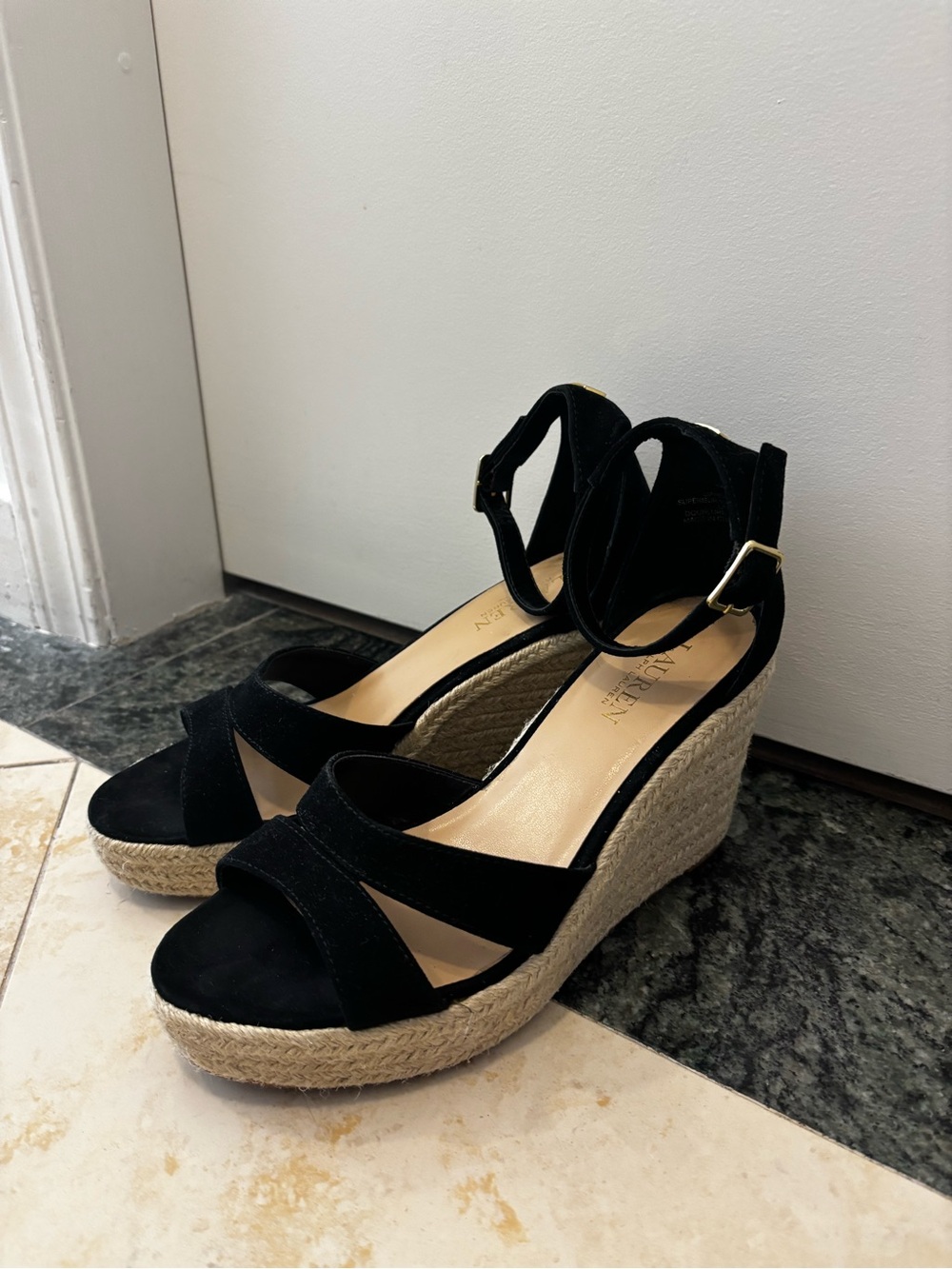 Ralph Lauren Black Espadrille Wedge Sandals with Ankle Strap